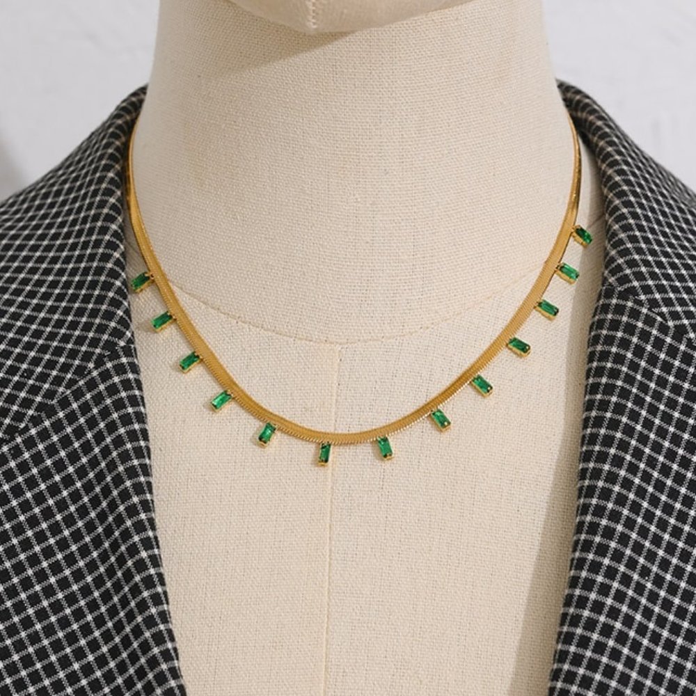 NEW 18K Gold Plated Green Baguette Stone Flat Herringbone Necklace